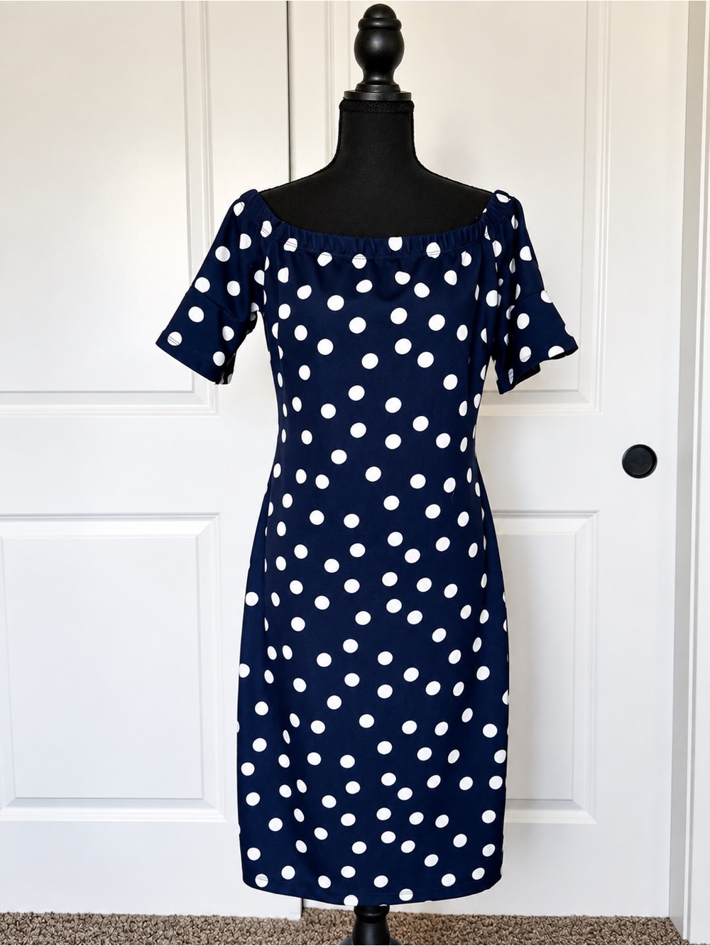 Navy Polka Dot Off-Shoulder Midi Dress